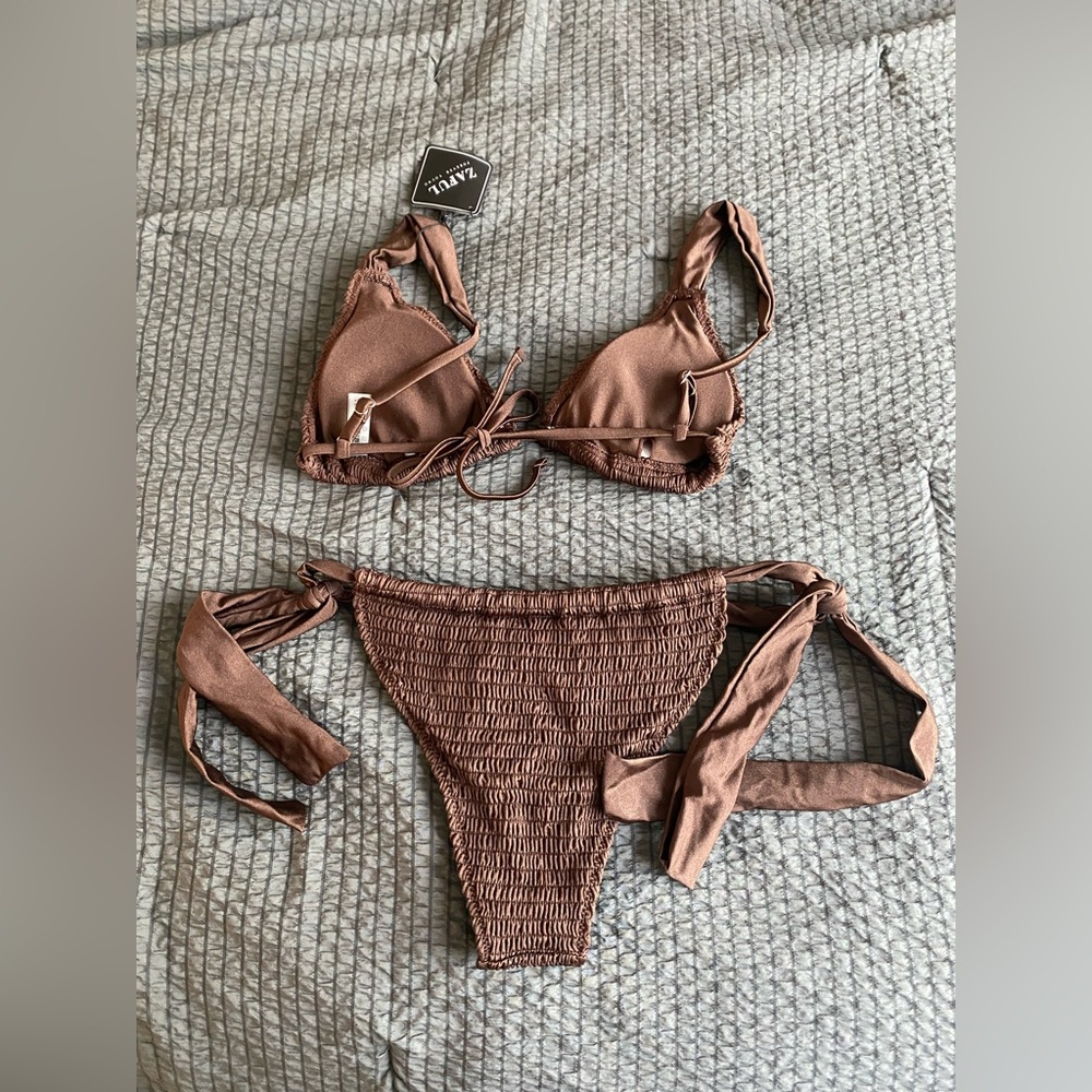 Zaful Brown Textured Bikini Set with Adjustable Straps - Picture 3 of 6